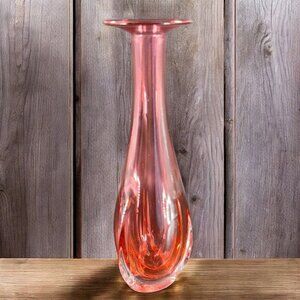 1990s Hand Blown Glass Vase‎ Artist Signed Cranberry Faceted Glass Vase Vintage